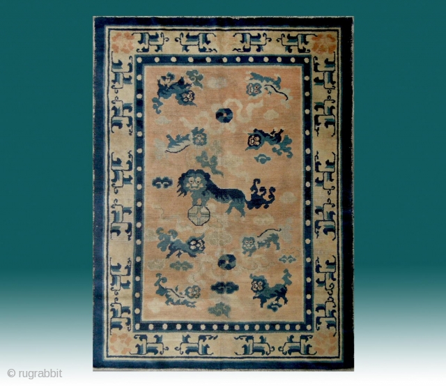 No.CL001 * Chinese Antique "Nine Fo-dogs" Ningxia Rug.Size: 135 x 180cm (4'5"x5'11").Age: 18th Century. Origin: Ningxia.Background Color: The Wood Reds .Shape: Rectangle. In the centre field a sitting fo-dog is surrounded by  ...