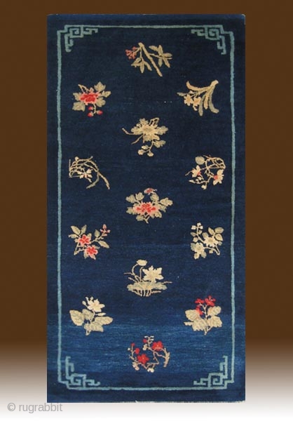 No.R143 * Chinese Antique “Plum-Orchid-Bamboo-Chrysanthemum Flowers” Rug,Age:19th Century.Size:70x130cm(28"x51"),Origin: Baotou-Suiyuan. Shape: Rectangle,Background Color: Blues. 
                   