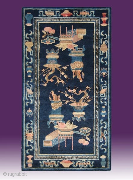 No.R149 * Chinese Antique "Vase Design" Rug,Size:68x138cm(27"x54").Age:19th Century.Origin: Baotou.Shape: Rectangle.Background Color: Blues. 
                    