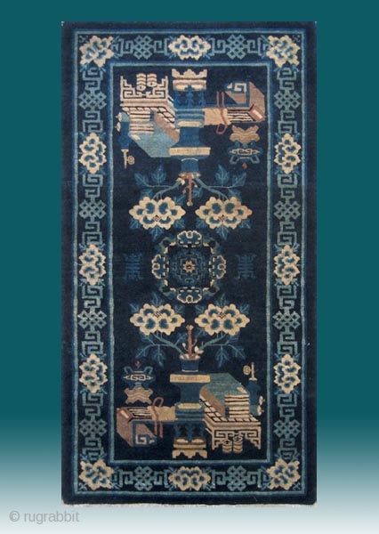 No.R150 * Chinese Antique "Four Accomplishments" Rug.Age:19th Century.Size:72x136cm(28"x54").Origin: Baotou-Suiyuan.Shape: Rectangle.Background Color: Blues. The rug shows the symbols of the Four Accomplishments:The lute, the chessboard, the paintings and the books.
    