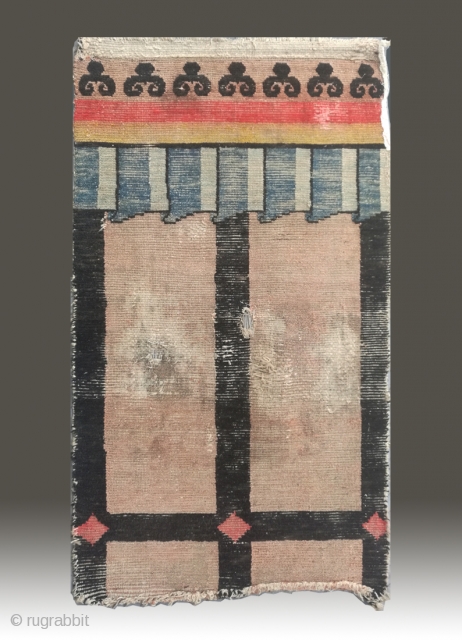 No.R164 * Tibetan Door Curtain Rug.Age:Early 19th Century. Size:81x134cm(32"x53").Origin:Tibet. Shape:Rectangle. Background Color:Off-whites,lvory.Wool/Wool.
It is the rare and early type of a Tibetan door rug. Certainly a collector's item.      