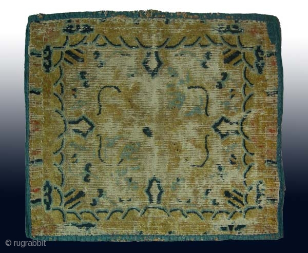 No.2104  * Chinese Ningxia Rugs-mat(Fragments) "Four Lions" .Age: Early-19th Century All vegetable dyes. Origin: Ningxia Shape: Square Size: 67x77cm (26"x30") Material: 100% Wool Woven: Hand-knotted Background Color: Yellows    