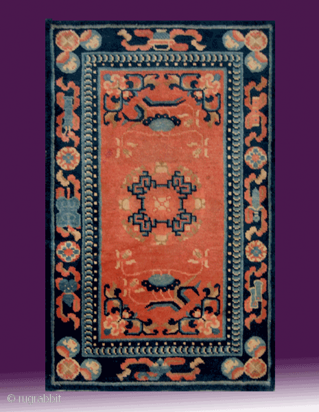 No.P49 * Chinese Antique Temple Rug,Size: 58x93cm(23"x37").Origin: Baotou-Suiyuan.Shape: Rectangle.Background Color: Wood Reds.Good condition and very complete.                 