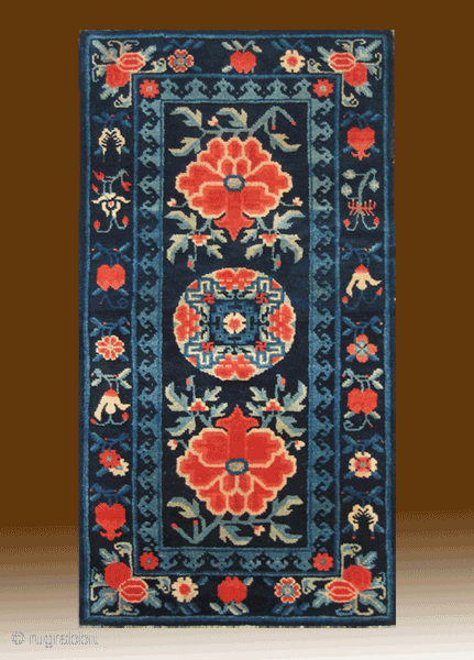 No.P68 * Chinese Antique "Flowers" Rug,Size:50x102cm(20"x40").Origin: Baotou-Suiyuan.Shape: Rectangle.Background Color: Wood Blues.Good condition and very complete.                  