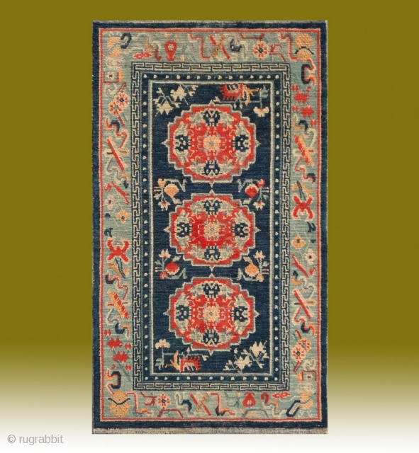 No.X0015 * Tibetan Antique " Medallion and Eight Treasure Pattern " Rug , Age:19th Century.
Size: 77x138cm(30"x54").Origin: Tibetan.Shape: Rectangle. Background Color: Blues.
cotton/wool.            