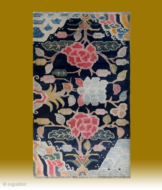 No.R165 * Tibetan Antique “Flower Design” Rug. Age:Late 19th/20th Century. Size:91x152cm(3'x5').wool/wool.Origin:Tibetan.Shape:Rectangle.Background Color:Blues.                     