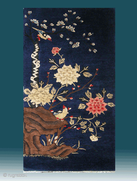 No.D8291 * Chinese Antique "Magpies+Peony" Rug ,Size: 66x124cm(26"x49").Origin: Baotou-Suiyuan.Shape: Rectangle. Background Color: Blues.                    