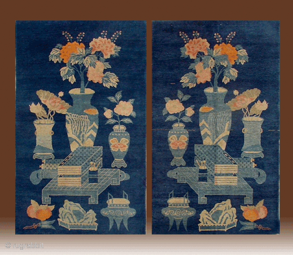 No.P03 * Chinese Antique "Four Accomplishments + Vase" Rug.Age:19th Century.Size:83x151cm(33"x59")x2.Origin: Baotou-Suiyuan.Shape: Rectangle.Background Color: Blues.                   