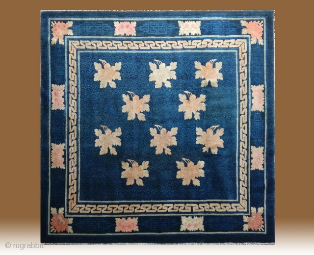 No.R157 * Chinese Antique "Peony Flowers" Rug ,Origin: Baotou.Age: 19th Century. Size: 179x180cm(5'10"x5'11").Shape:Square. Background Color:Blues.                  