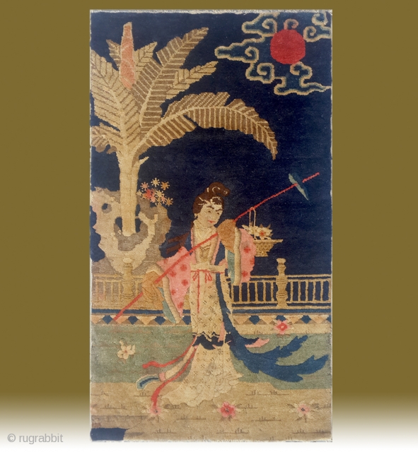 No.R167 * Chinese Antique "Chinese Pretty Girl" Rug. Age:Late 19th Century. Size:64x111cm(25"x44").Origin:Baotou. Shape:Rectangle. Background Color:Blues. 
The girl on the rug is the leading lady in one of the most four famous chinese  ...