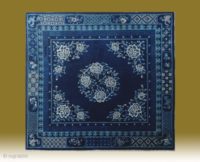 No.R159 * Chinese Antique Rug "Peony Flowers", Age:19th Century.Size:163x177cm(5'4"x5'10"). Origin: Baotou-Suiyuan.Shape: Rectangle.Background Color: Blues                   