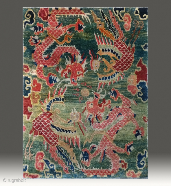 No.CL057 * Tibetan " Dragon & Phoenix" Mat-Rugs. Age: 19th Century. Origin: Tibetan Shape: Rectangle. Size:60 x 83cm ( 24" x 33" ). Background Color: greens Colors. wool/wool.     