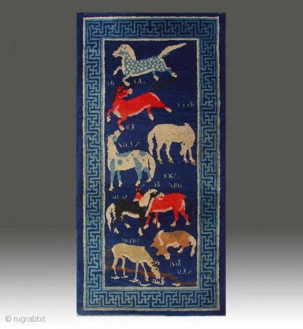 No.P46 * Chinese Antique "Eight Horses" Rug , Age:Late 19th Century. Size:66x130cm(26"x51"). Origin:Baotou-Suiyuan. Shape:Rectangle. Background Color:Blues. Chinese Rug with Eight Horses, This is an unusual rug from Mongolia. The theme of this  ...