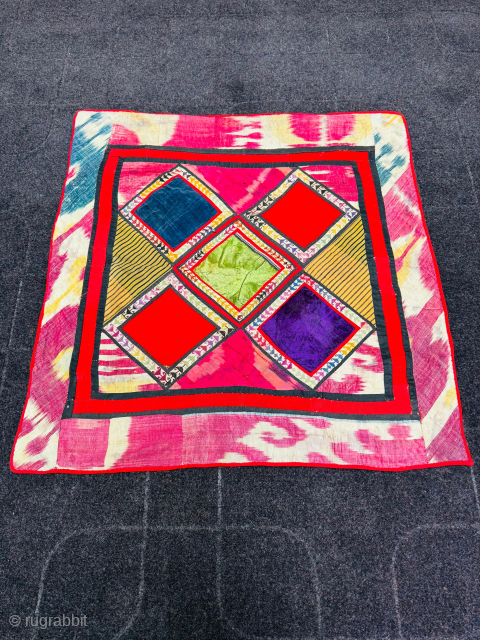 https://zubaidatribalrugs.etsy.com/listing/4342063964
A Beautiful Uzbek Bukhara Ikat Patch Work PANEL For Wall Decoration. Size 68 Cm X 70 Cm. Over 80 Years Old.            