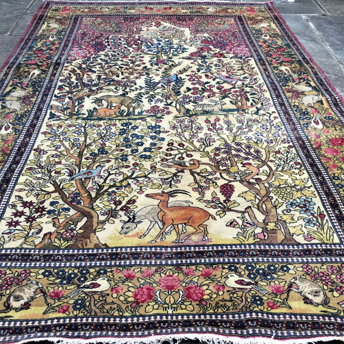tree rug persian antique rugrabbit leaves pattern collectible