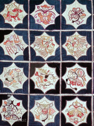 -MIAO WEDDING BED COVER.--APPLIQUE AND EMBROIDERY ON A HANDSPUN INDIGO COTTON GROUND. CIRCA 1940s.                   