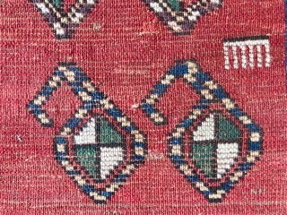 Description and origin: Caucasian carpet with a simple and attractive "Gendje". With a red relatively narrow main field made of ten "Boteh" designs, a comb and an S motif.
Rare triple border with  ...