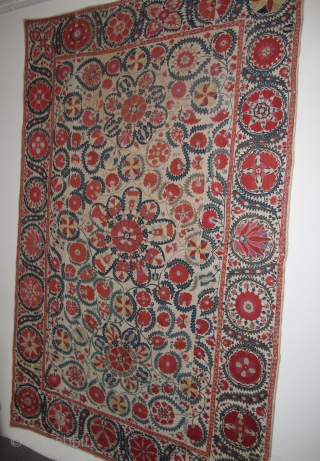 Bokhara Suzani 2.46m x 1.59m (8'1" x 5'2"), circa 1850 or earlier. Beautiful quality, very good condition. Original lining intact.
SOLD -Thanks.            