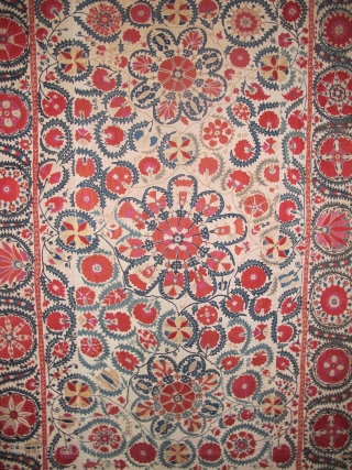 Bokhara Suzani 2.46m x 1.59m (8'1" x 5'2"), circa 1850 or earlier. Beautiful quality, very good condition. Original lining intact.
SOLD -Thanks.            