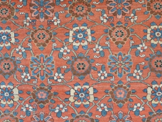 Mina Khani Design Bidjar kellei, 19th century, 3.56m x 1.70m, 11'9" x 5'6". Very good colour, especially the terracotta background, yellows, light blues and abrashed green. Crisply drawn and well-spaced design. Woollen  ...