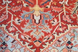 Pristine antique Heriz Carpet 3.48m x 2.30m. Fine weave, wonderful colours and beautifully drawn. The condition is excellent.               