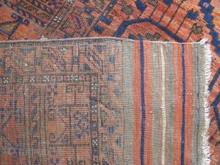 Antique Belouch carpet, 2.77m x 1.76m including the kilim ends. Archaic with a great border.                  