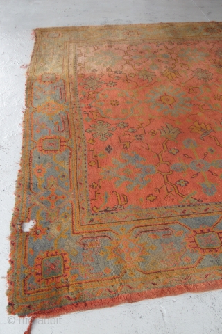 Very pretty Oushak carpet...the pile is not bad, but there are issues... 3.30m x 2.73m (10'11" x 9'). Been in my dusty corner too long...$1000 plus shipping.      