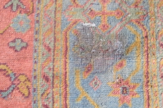 Very pretty Oushak carpet...the pile is not bad, but there are issues... 3.30m x 2.73m (10'11" x 9'). Been in my dusty corner too long...$1000 plus shipping.      