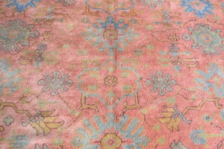 Very pretty Oushak carpet...the pile is not bad, but there are issues... 3.30m x 2.73m (10'11" x 9'). Been in my dusty corner too long...$1000 plus shipping.      