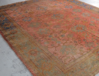 Very pretty Oushak carpet...the pile is not bad, but there are issues... 3.30m x 2.73m (10'11" x 9'). Been in my dusty corner too long...$1000 plus shipping.      