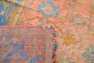 Very pretty Oushak carpet...the pile is not bad, but there are issues... 3.30m x 2.73m (10'11" x 9'). Been in my dusty corner too long...$1000 plus shipping.      