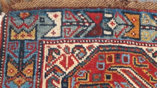 Very cute 19th century Khamseh weaving. 48cm x 46cm Beautiful colours and great wool. Is it a bagface or a wagireh? SOLD.           