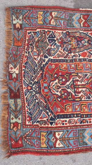 Very cute 19th century Khamseh weaving. 48cm x 46cm Beautiful colours and great wool. Is it a bagface or a wagireh? SOLD.           