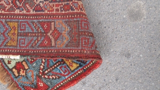 Very cute 19th century Khamseh weaving. 48cm x 46cm Beautiful colours and great wool. Is it a bagface or a wagireh? SOLD.           