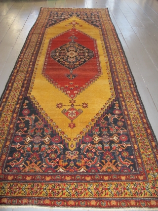 Kurdish Long Rug, 4.00m x 1.51m, dated circa 1910 (1230). Stunning saffron yellow field. Excellent condition.                 