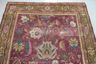 I have just re-discovered this beautiful Indian carpet in my dusty corner. Size is 3.05m x 1.38m (10' x 4'6"). The red is probably a corrosive red dye, reduced in length. But  ...