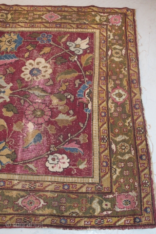 I have just re-discovered this beautiful Indian carpet in my dusty corner. Size is 3.05m x 1.38m (10' x 4'6"). The red is probably a corrosive red dye, reduced in length. But  ...