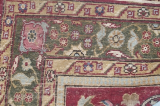 I have just re-discovered this beautiful Indian carpet in my dusty corner. Size is 3.05m x 1.38m (10' x 4'6"). The red is probably a corrosive red dye, reduced in length. But  ...