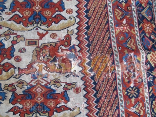 Here is a really beautiful 19th century Afshar rug, 1.67m x 1.31m (5' 5 inches x 4' 3 inches), several old repairs and other damage. Areas of good pile and ends intact.  ...