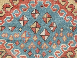 Rare Borjalou Kazak rug, 196cm x 135cm (6'5" x 4'4", circa 1875. An exceptional example. Typical use of repeating hooked lozenges, but filled with very unusual scattered kites! Lovely palette with a  ...