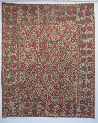 An Uratube Suzani, circa 1850, 2.32m x 1.84m (7'8" x 6'), wonderful colours. Beautiful lattice design. Very good condition. Please contact me for further details.        