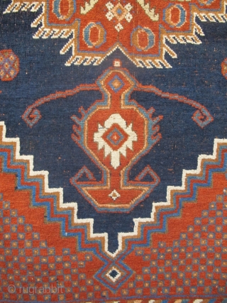 Antique Afshar Rug 1.60m x 1.36m (5'3" x 4'6"), beautiful colours and archaic features. Generally very good condition, with some minor corrosion in the blue field.       