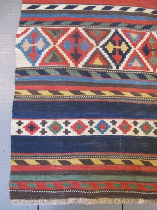 Fine 19th century Caucasian Kilim with very happy colours, 2.85m x 1.49m (9'3" x 4'11").                  