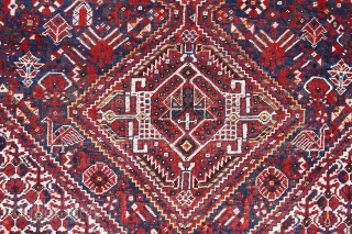 Qashqai rug, first quarter 20th century, 280 x 220 cm (111” x 86,5”)

The four medallions feature the “Qashqai Emblem”. The midnight blue field shows the classic array of stylized birds with different  ...