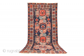 Kazak rug, late 19th century/early 20th century, 254 x 117 cm (100” x 46”)

Kazak Lenkoran, showing characteristic “cross” motifs, saturated and nice colors.
Condition: low pile all around, some foundations, old small repairs,  ...