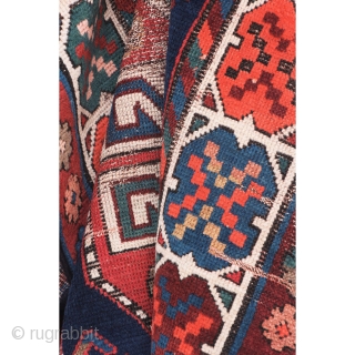 Kazak rug, late 19th century/early 20th century, 254 x 117 cm (100” x 46”)

Kazak Lenkoran, showing characteristic “cross” motifs, saturated and nice colors.
Condition: low pile all around, some foundations, old small repairs,  ...