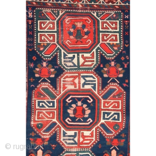 Kazak rug, late 19th century/early 20th century, 254 x 117 cm (100” x 46”)

Kazak Lenkoran, showing characteristic “cross” motifs, saturated and nice colors.
Condition: low pile all around, some foundations, old small repairs,  ...