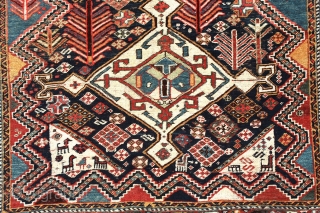 Qashqai rug, early 20th century, 218 x 120 cm (86” x 47”)
South Persia Tribal

A classic three medallion design, but with the addition of smaller medallions on the axis. The larger ones feature  ...