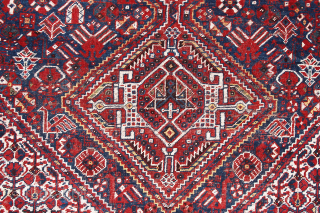Qashqai rug, first quarter 20th century, 280 x 220 cm (111” x 86,5”)

The four medallions feature the “Qashqai Emblem”. The midnight blue field shows the classic array of stylized birds with different  ...