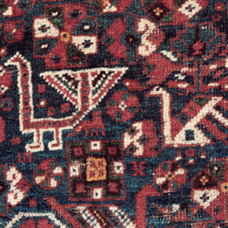 Qashqai rug, first quarter 20th century, 280 x 220 cm (111” x 86,5”)

The four medallions feature the “Qashqai Emblem”. The midnight blue field shows the classic array of stylized birds with different  ...
